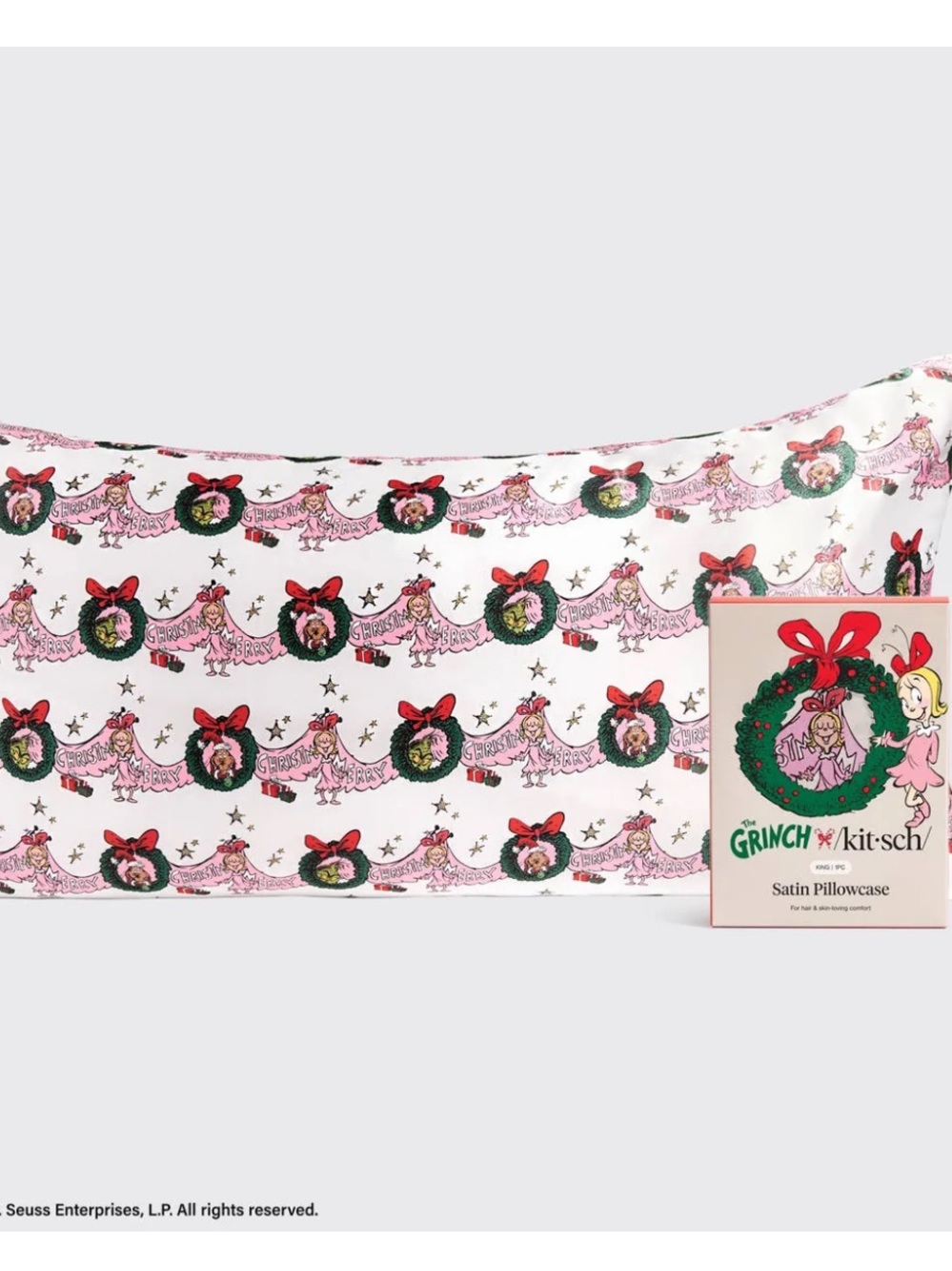 Kitsch Satin Pillowcase in White with Pink & Green Grinch Print